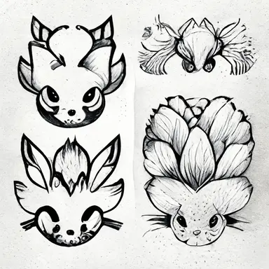 Pokémon style animal, tattoo flash sheet, separate images, black and white, sticker, line art, clipart, white border