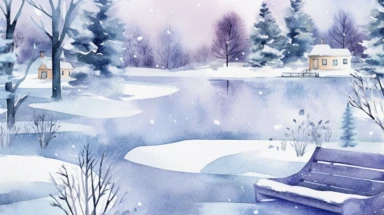 A set of watercolor clipart images featuring a wintry scene, with snow-covered trees, a frozen lake, and snowflakes falling from the sky, painted in soft shades of blue, purple, and white, with delicate brushstrokes and speckles adding texture and depth to the scene. The clipart also includes winter accessories such as scarves, hats, and mittens, adding a cozy touch to the scene. Watercolor painting, using high-quality watercolor paper, fine brushes, and various shades of blue, purple, and white