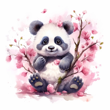 a cute happy laughing baby panda sitting proudly on a pink sakura branch, teacher, with a few spring blossoms and leaves framing the scene, vivid colors, watercolor by thomas w. shaller, clipart, white background, no watermark, 8k, super resolution, megapixel