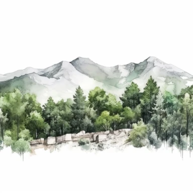 Watercolor wide mountain scene with trees, beautiful details, ultra detailed, ultra photo real intricate detailed, high definition, graphic clipart, hyper realistic, detailed, white background