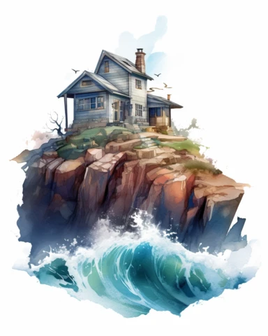 Watercolor clipart house on a cliff with ocean waves below, wide angle, long shot, hyper realistic, 8k, isolated on white background