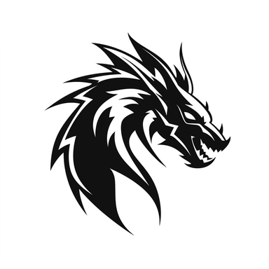 minimalist epic dragon head side-view logo, simplified, silhouette, iconographic symbolism, clipart in coloring page style, black and white, white background