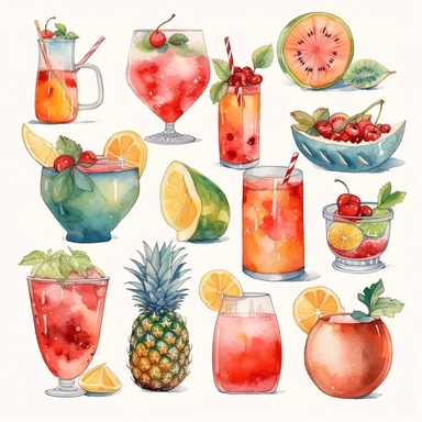 pemcil textured, a Simplified single Summer fruit and cocktail clipart, simple shapes, no lines, no outlines, clipart most popular on etsy, featured on dribble, cartoon animal clipart, minimalist, computer vector graphic design clip art, watercolor illustration clipart, watercolour clipart, watercolor illlustration for kids and children, book illustration, PNG tranparent background