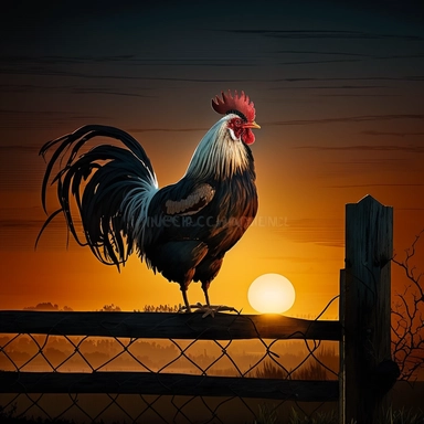 A proud rooster stands on a fence, crowing at the break of dawn clipart