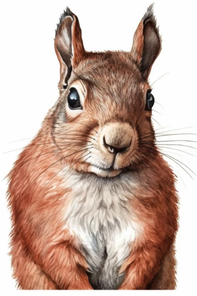 A highly detailed watercolor closeup clipart of an isolated red to brown portrait of a squirrel, by Laura Harris, watercolor specialist, realistic texture, detailed brushwork, high-resolution 300 dpi, nature-inspired art, intricate artwork, fine art quality, animal portrait, botanical art, isolated on white