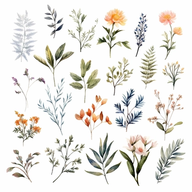 beautiful watercolor floral clipart set with flowers, leaves, ferns, and branches, clipart, isolated on white background, bojo, vintage, lithograph, 32k uhd, texture
