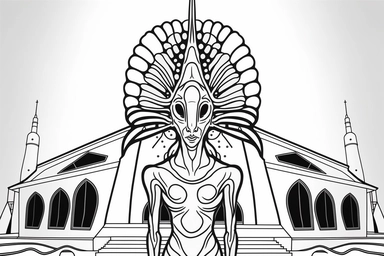 make it an alien church Contour Drawing, in the style of line art coloring page for adults, entirely black and white only, vector drawing style, clipart, white background