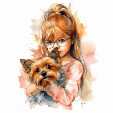 yorkie terrier, baby love spitz york ,girl with a dog, love dog, cute, Watercolor Clipart high quality, white background , cute, love , love animals