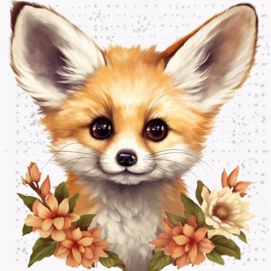 clipart , Lashes, super lovely, nursery, close-up of an fennec foc, flower. The red panda has fluffy fur with black markings, large ears, and bright eyes. It is standing on top of a white background. vintage clothing hyper realistic 8k