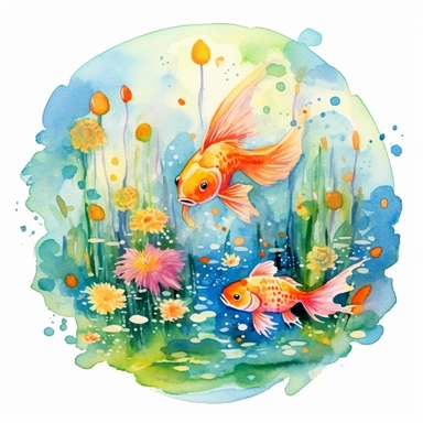 clipart, isolated on white background, Watercolor Spring pond with swimming colorful fish underwater, flowers, ornated, vivid and vibrant and saturated colors