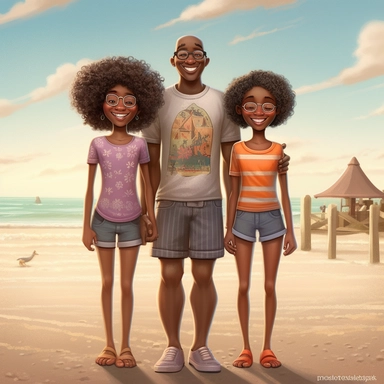 Happy Black Girl and her mom and dad Smiling at the beach ib sag harbor art,black girlsclipart, Funny black girl , Cheerful african american girl child png, clipart, afro ,Full body with legs , Cottage core , preppy , Highly detailed close-up portrait , standing , Nicoletta Ceccoli, Mark Ryden, lostfish, Earl Nor, global lighting, divine rays, detailed and intricate surroundings, sf, intricate artwork masterpiece, ominous, matte painting movie poster, blue ratio, trending on cgsociety, intricate
