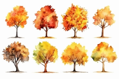 1 watercolour autumn tree clipart, romantic, hd, detailed, white background, spaced out, all images complete