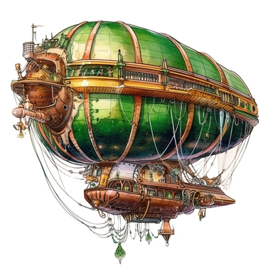 watercolor airship image, dirigible-style, steampunk, intense colors, luxurious, victorian, clipart, watercolour, emerald steampunk style wizard of oz zeppelin, lush fantasy emerald city steam aircraft, wizard of oz steampunk style vibes and theme, white background, detailed