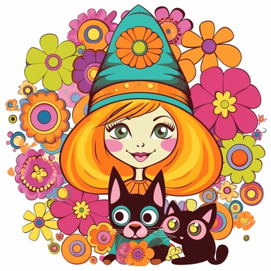 Groovy hippie 60s halloween witch and small cat, magical, Funny cartoon flower power clipart white background