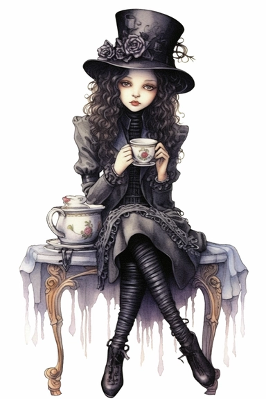 watercolor mixed media goth steampunk girl entire body illustration in front of a gothic steampunk drinking tea clipart by holly hobbie