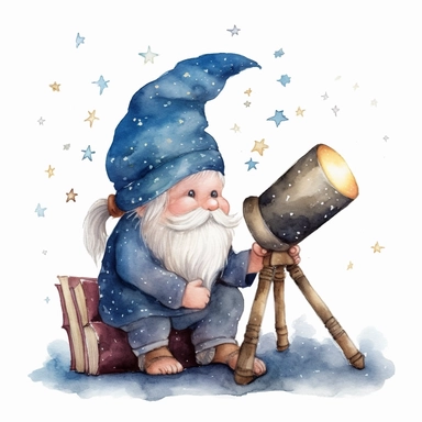 A cute gnome looking through a telescope at the stars, with a book of constellations beside him, and a night sky full of stars and planets overhead. clipart, soft watercolor, isolated on a white background