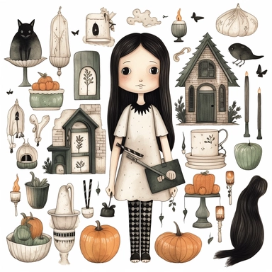whimsical halloween clipart set, wednesday addams, pumpkins, candles, candies, ghosts, haunted house, coffin, white background