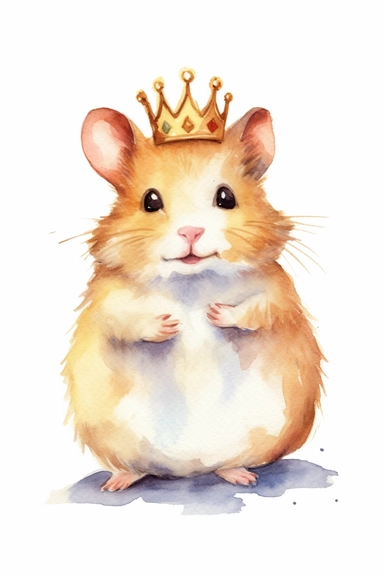 Create a watercolor clipart picture of a happy princess hamster with a crown, white background. The hamster should have a cute and happy expression, with its fur depicted in soft watercolor textures.