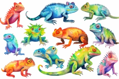 very colorful vibrant lizards, watercolor clipart