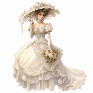 A Victorian lady in an ethereal ivory gown, adorned with intricate lace appliques and delicate pearl embellishments. Her serene expression and poised demeanor radiate timeless beauty. Against a white background, every aspect of her Victorian attire, from the flowing fabric to the ornate headpiece, is depicted with meticulous detail and lifelike precision. Clipart, watercolor, white background, intricate detail, unreal engine cinematic smooth