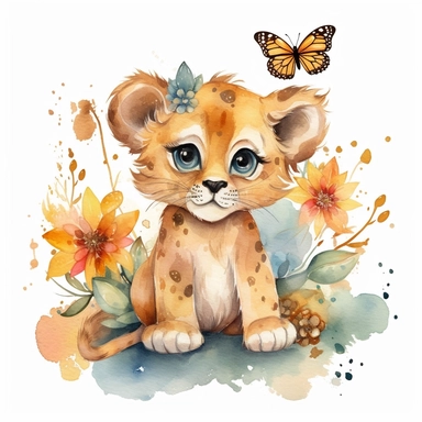 watercolor cute baby lion playing with butterfly clipart, single clipart, flowers, high resolution, bold colors, 8k