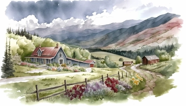 Beautiful scene containing rolling hills, flora, reminants of an old farm and a memorable sky. Alaska. highly detailed watercolor clipart scene.