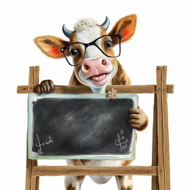 a funny looking smiling baby cow with glasses holding up a small blackboard, watercolor clipart on white background