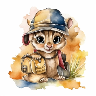 a unique and creative watercolor portrait clipart of cute safari baby chipmunks in the midst of an epic journey that captures the excitement and energy of your animal’s adventure