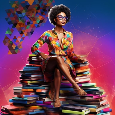 imagination, Clipart illustration of afro cosmepolitian woman sitting on top of books, realistic in the style of nene thomas, 100k background, Abstract, Colorful, beautifully color - coded, beautifully color graded, Unreal Engine, Cinematic, Color Grading, Editorial Photography, Photography, Photoshoot, Shot on 70mm lense, Depth of Field, DOF, Tilt Blur, Shutter Speed 1/ 1000, F/ 22, White Balance, 32k, Super - Resolution, Megapixel, ProPhoto RGB, VR, Lonely, Good, Massive, Halfrear Lighting, Ba