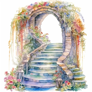 clipart, watercolor stair leading toward a waterfall, in the style of intricate, delicate flower and garden paintings, stone, rough clusters, small brushstrokes, arched doorways, colorful gardens, white background