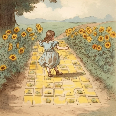 a little girl from the late 19th century playing hopscotch along a country road with sunflowers growing nearby watercolor clipart no fonts no letters no words
