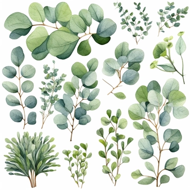 watercolor clipart, eucalyptus, greenery, sprigs, branches, extremely detailed