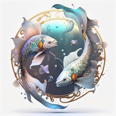 mystical astrological Pisces zodiac sign, fantasy, fairytale, astrological details, storybook, clipart, digital painting, light ink, very detailed, very realistic, white background, bright mood, 4k quality