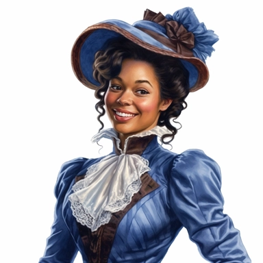 beautiful victorian lady with Vitiligo, looking left, victorian hairstyle, victorian hat, Victorian era clothing, beatiful smile, realistic inverted portrait white background, high quality, hyper-realistic, Victorian Lady Clipart,blue dress
