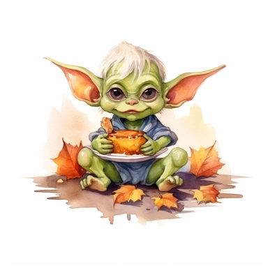 cute pop goblin eating a peace a of pumpkin pie, he's sitting down. watercolor, clipart