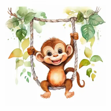 watercolour cute monkey . Swinging one hand on vine. kids cartoon. clipart. white background