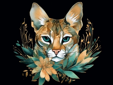 deep emerald gold watercolor Bobcat with flowers plants clipart, golden metallic lines and some glitter, shining colors, dark background, 8k, high resolution