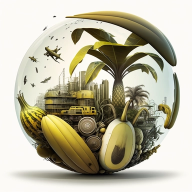 clipart style. on a plain white background. a virus sphere covered with factories, JCB diggers and banana plants