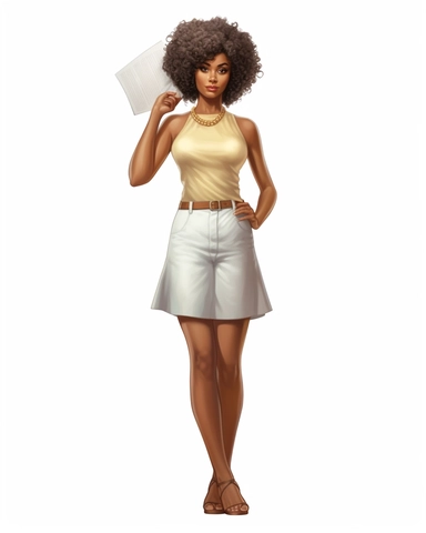 Full body shot, advertising, Clipart beautiful Afro Cuban American woman girl holding blank board vector, in the style of realistic hyper-detailed portraits, bamileke art, high resolution, avocadopunk, white, heavy texture, sheet film