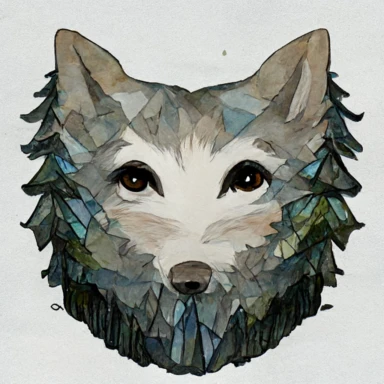 a transparent wolf head and a mountain in the background, clipart, highly detailed