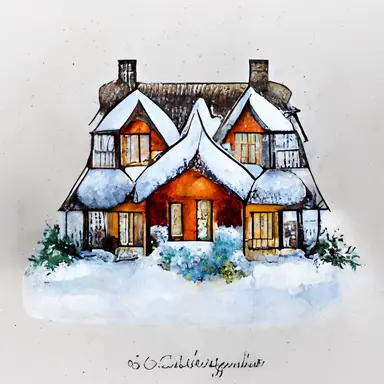 christmas, cute English country cottage, symmetrical, winter, snow, watercolor, clipart