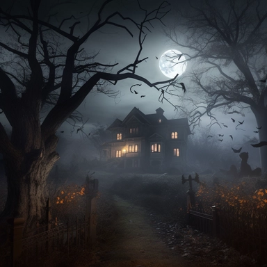 A spooky Halloween night with a haunted house in the background, a full moon casting an eerie glow, gnarled trees with twisted branches, and jack-o'-lanterns lining the path leading to the house. The environment is enveloped in a dense fog that adds to the mystery and suspense. The scene's mood is chilling, evoking a sense of anticipation and the unknown. Photography, using a wide-angle lens (24mm) to capture the vastness of the scene, with long exposure settings to create a haunting effect, hal