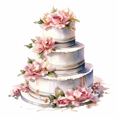 ultrarealistic hyperdetailed amazing detailed watercolor clip art of a beautiful wedding cake, white clean sharp focus, solid white background