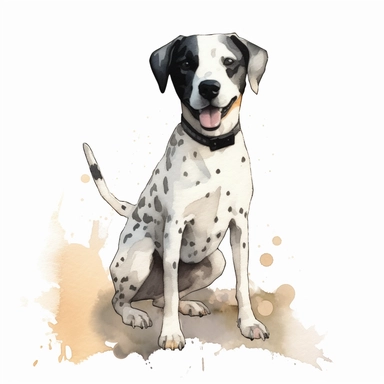 Create a charming watercolor illustration of a big white dog with a few small black spots on its body. The dog has black ears and a black spot around its right eye. The coat is short and chubby, with droopy ears that are not too big. This minimalist watercolor style should feature the full body of the dog, including its adorable face with big, expressive eyes. Perfect for adding a touch of cuteness to children's books or other design projects. watercolor whole doodle dog white and grey, super cu
