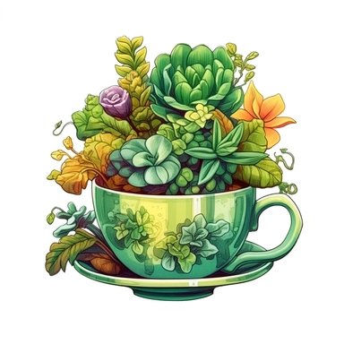 colorful tea cup garden in a green colored teacup, watercolor clipart, very detailed, Cartoon,hyper realistic, intricate detail, illustration style,high solution,on the white background