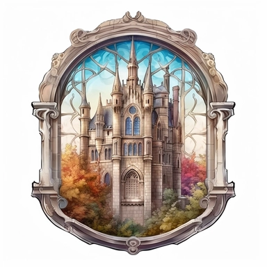 Beautiful Castle Window Sublimation Clipart ,Cartoon,hyper realistic, intricate detail, illustration style,high solution,on the white background