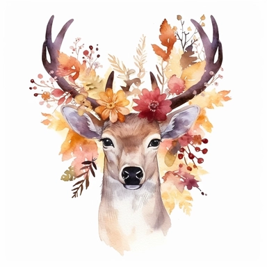 Hand Painted Watercolor deer head with pressed fall flowers Clipart, white background, cute illustration