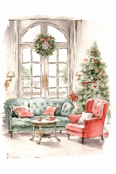 clipart Christmas living room, vintage illustration, Pierre Redoute style, isolated on white background