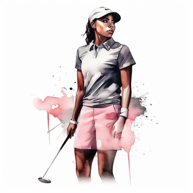 Idyllic watercolor clipart of a young black modern female golfer with dark hair in white and pink close-fitting sports golf clothes standing upright taking a golf shot, isolated on a pure white background, insane detail,