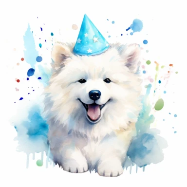watercolor clipart white background moving living blue cartoon cute Samoyed puppy birthday